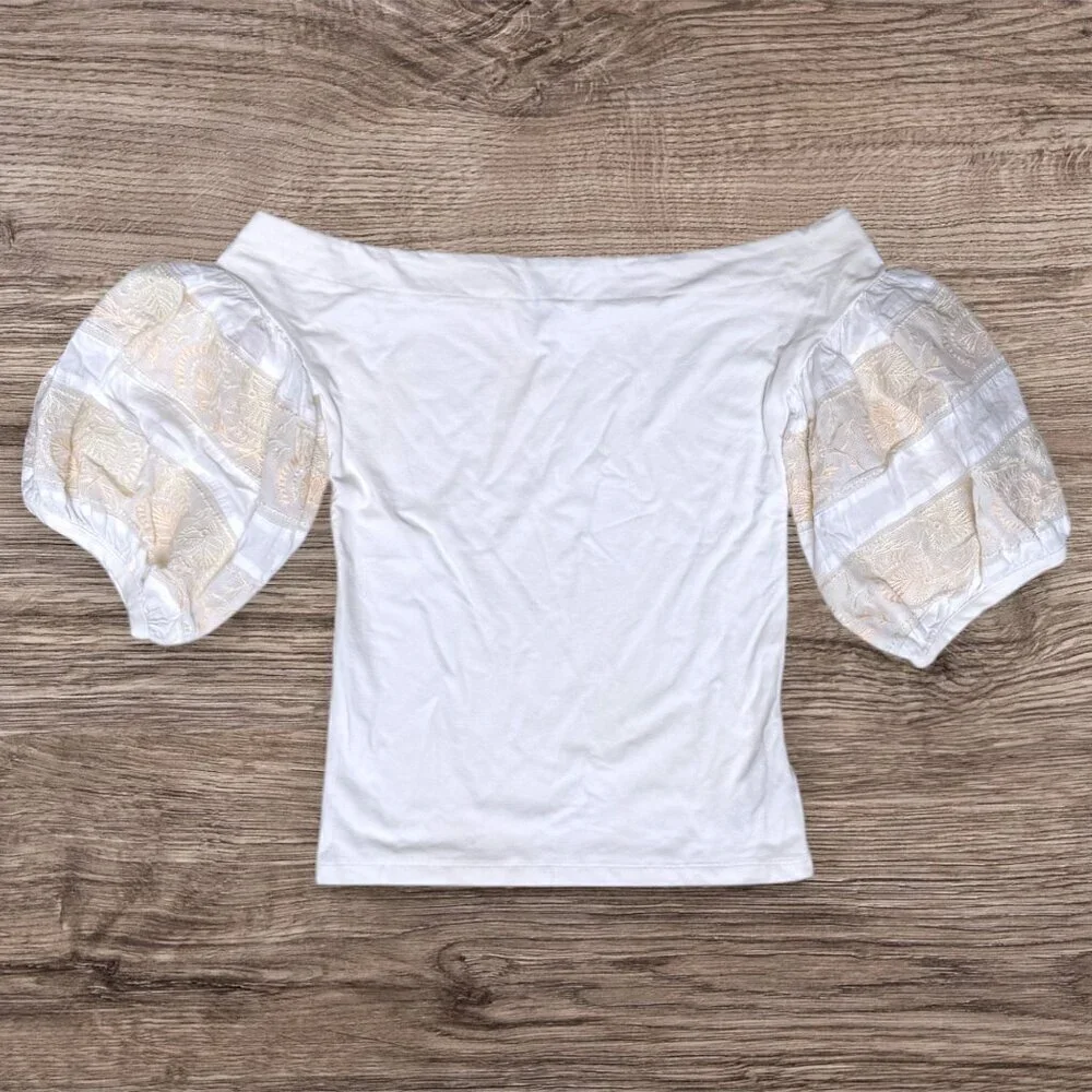Free People Rock With It Off Shoulder Puff Sleeve Embroidered Top Blouse White S
